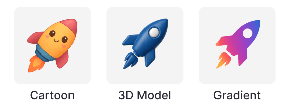 Style Examples - Different icon styles including Business, Cartoon, 3D Model, and Gradient